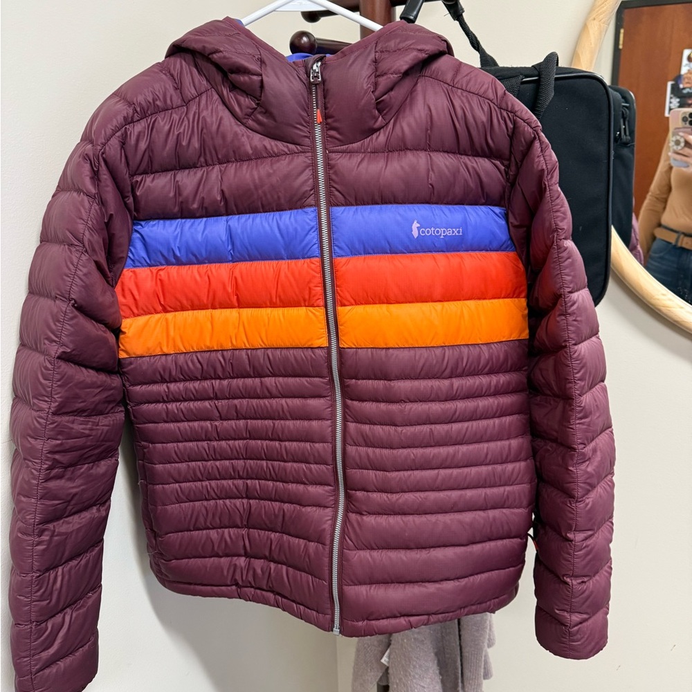 Cotopaxi Women's Puffer Jacket - Burgundy with Blue and Orange Stripes